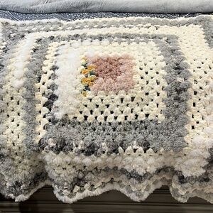 Handmade Crochet Granny Square Velvet Plush Faux Fur Throw Blanket